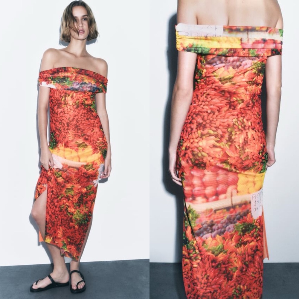 Zara Tulle Off Shoulder Maxi Floral Print Dress w/Side Slit Size L NEW